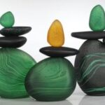 David & Melanie Leppla – blown glass cairn rock totems in dark rich colors, new Blossom series vases.