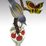 Loy Allen – Flame worked glass, bluebird perfume bottles, table top orchid sculptures with metal, butterflies, dragonflies and bees.