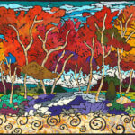 Brett Varney – Oil pastel artist, abstract landscapes of flowing rivers, trees and flowers enhanced with gold foil